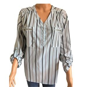 Adrienne Vittadini Puff Sleeve Blouse Blue White